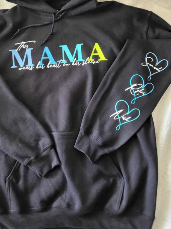Customizable "This mama wears her heart on her sleeve" hoodie image 1