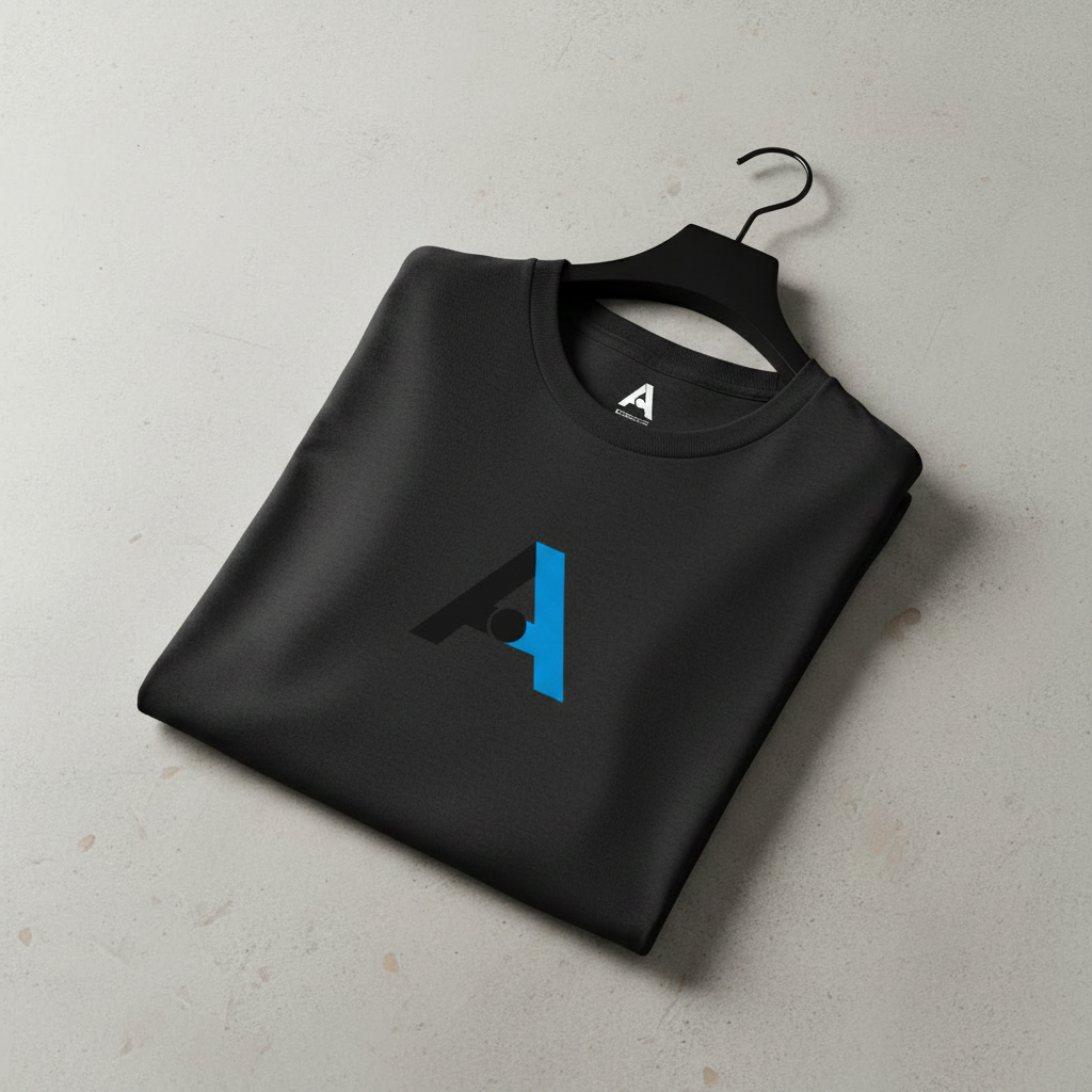Black custom logo t-shirt on neutral background